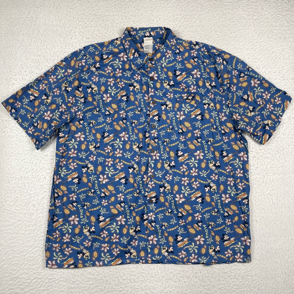 Disney Store Button Down Shirt Mens XXL Blue Mickey Mouse Hawaii Aloha Pineapple